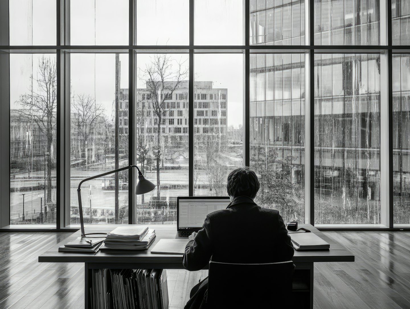 Person sits at a desk with a laptop watching the city.